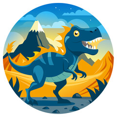 Vector illustration of a blue cartoon tyrannosaurus rex dinosaur in a prehistoric landscape with mountains and fiery sky