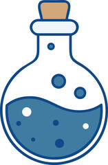 A blue liquid bottle containing a single bubble suspended inside.