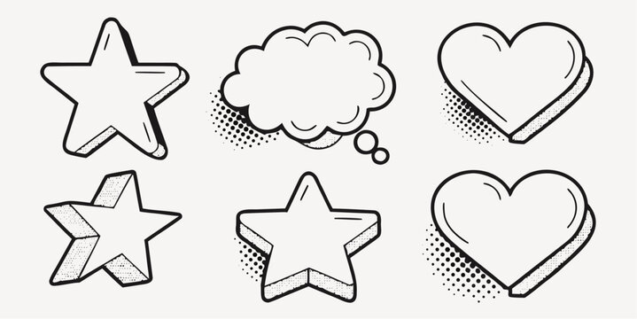 Trendy comic style hearts, stars, and speech bubble perfect for graphic design, social media, and creative projects, adding a fun, playful touch now