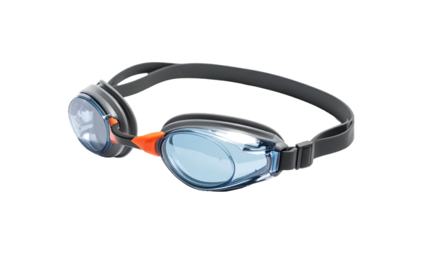 Sleek swimming goggles with blue lenses, black frame and strap, orange detail