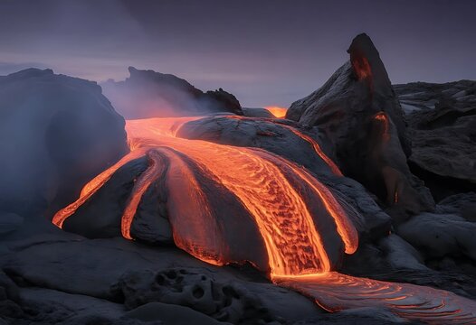 Molten lava flowing slowly over dark volcanic rocks in a seamless loop