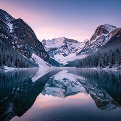Serene Mountain Lake Reflection at Dusk - A Winter Wonderland.