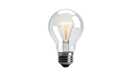 Transparent light bulb glowing against a black background, showing internal filaments