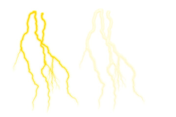 Two bright lightning bolts striking down against a dark black background in a split image comparison