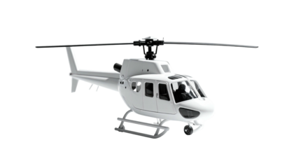 Sleek, pristine white helicopter, isolated on black, with rotor blades extended