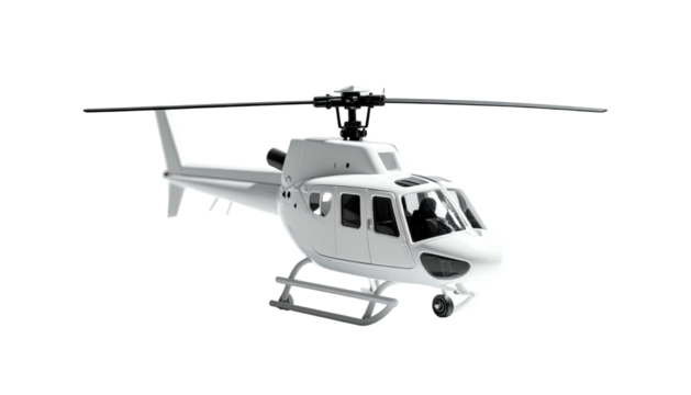 Sleek, pristine white helicopter, isolated on black, with rotor blades extended