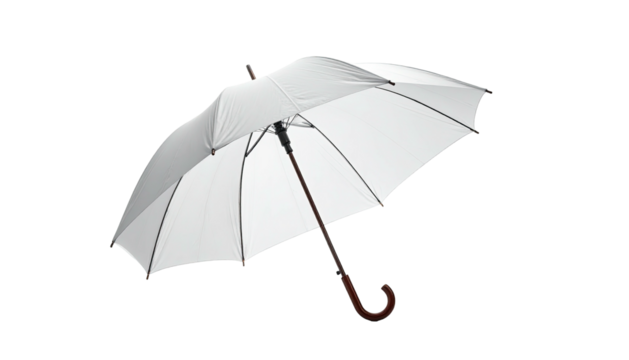 A pristine, open white umbrella with a wooden handle against a stark black background
