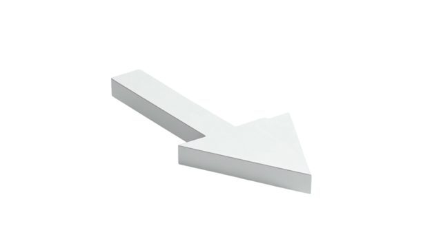 Isometric, solid white arrow pointing down and to the right against black