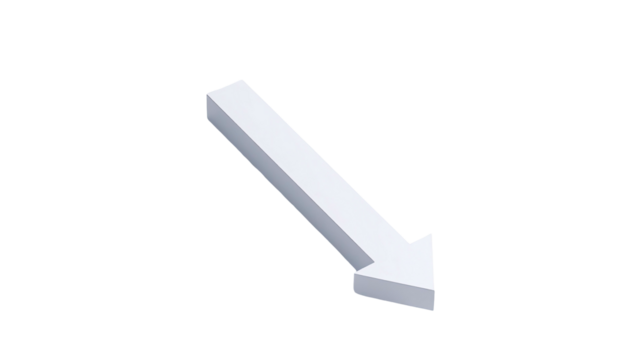 White, 3D arrow, pointing downwards diagonally on a black background