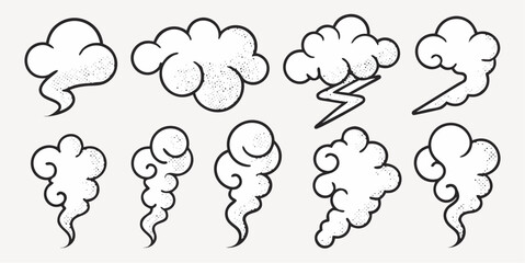 Whimsical cloud collection perfect for creative designs, storybook illustrations, and weather-themed projects, adding a touch of playful imagination
