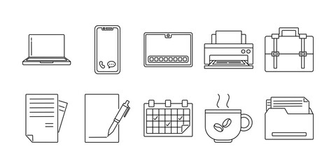 Modern line icons of office and business tools includes laptop, smartphone, calendar and documents.