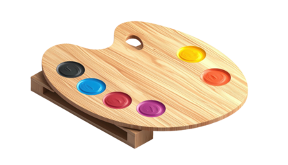 Isometric view of wooden artist's palette with various colorful paints