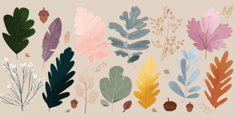 Watercolor Fall Leaves Pattern Design with Acorns and Various Shapes and Colors a Vector Graphic for Autumn Themed Projects