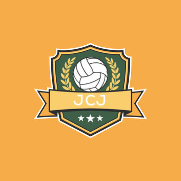 JCJ Volleyball Logo Design JCJ Modern Sports Shield Emblem with Ball, Laurel and Ribbon for Volleyball Club, JCJ Tournament and Team Branding
