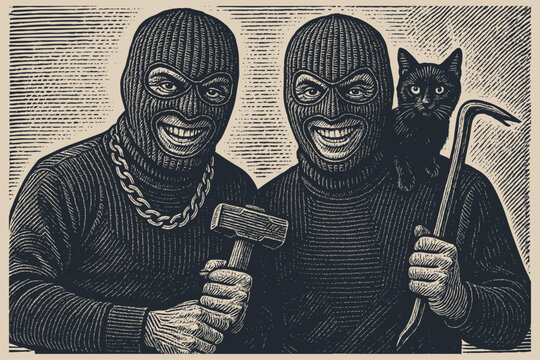 Two smiling robbers in balaclavas with a hammer, crowbar, and a black cat. A criminal gang in a vintage, hand-drawn woodcut vector illustration.