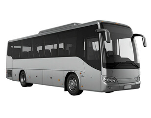 A silver passenger coach bus with tinted windows, side view, isolated on black background