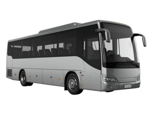 A silver passenger coach bus with tinted windows, side view, isolated on black background