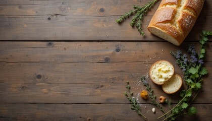 Fresh baked bread with butter and herbs on rustic wooden table