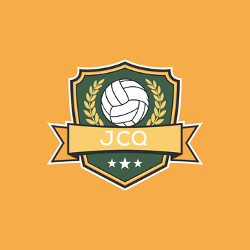 JCQ Volleyball Logo Design JCQ Modern Sports Shield Emblem with Ball, Laurel and Ribbon for Volleyball Club, JCQ Tournament and Team Branding
