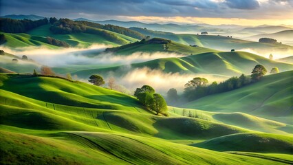 Misty green rolling hills at sunrise with soft light