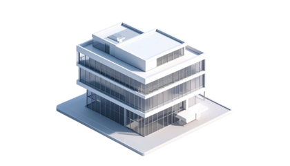 Isometric view of a modern, minimalist multi-story office building on a black background