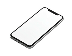 Angled, silver bezel smartphone with white screen on black background