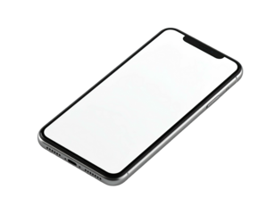 Angled, silver bezel smartphone with white screen on black background
