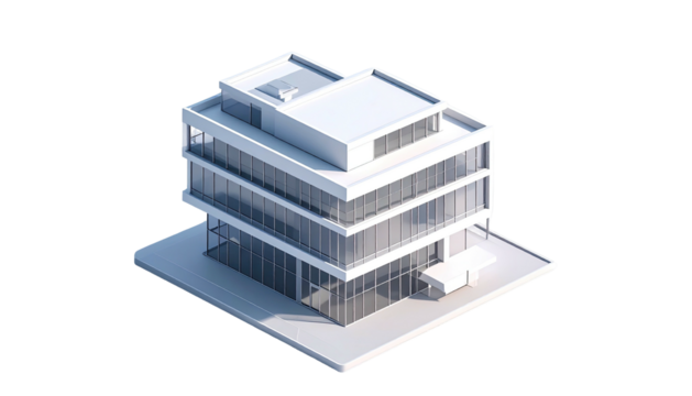 Isometric view of a modern, minimalist multi-story office building on a black background - Powered by Adobe