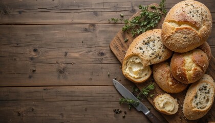 Delicious buttered rolls on rustic cutting board for cozy food blog