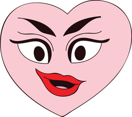 A cartoon woman with a heart-shaped face, smiling lips, and black eyes is a fun vector icon symbolizing love and emotion