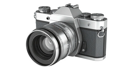 Angled view of a modern digital camera with a detailed lens and metallic features