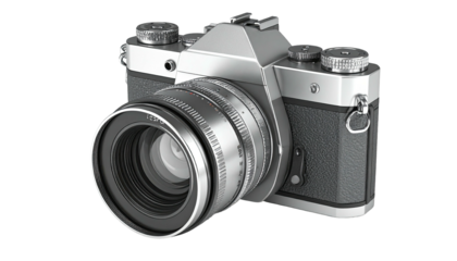 Angled view of a modern digital camera with a detailed lens and metallic features