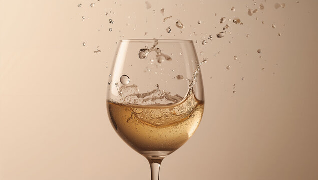 しずくの連なりが点描のように空間へ広がり祝杯の瞬間を端正に収めた広告向けクリーントーンのドリンクカット.生成AI