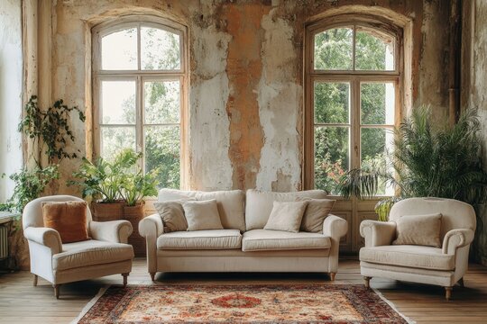 Rustic furniture, sofa and lounge chairs in classic room. Boho interior design of modern living room. Created with, Generative AI