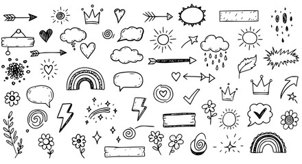 Hand drawn doodle icon set with clouds, arrows, crowns, hearts, flowers, and speech bubbles