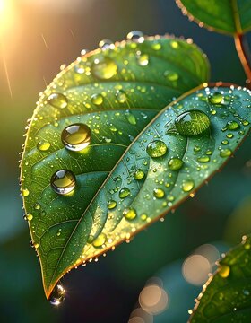 Close-up of a vibrant green leaf covered in glistening water droplets, illuminated by sunlight