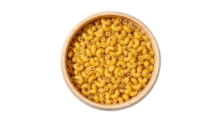 Isolated wooden bowl filled with elbow macaroni pasta in preparation for cooking it