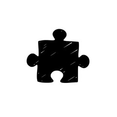 Hand drawn black puzzle piece doodle icon isolated on white