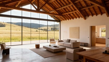 Spacious living room with microcement floor and panoramic glass wall in soft daylight 
