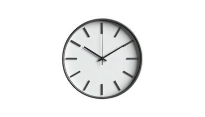 Simple, round analog wall clock with black hands and markers against a white face
