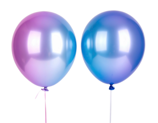 Two iridescent balloons, one pinkish-purple, the other bluish-purple, glossy and reflective, on black background