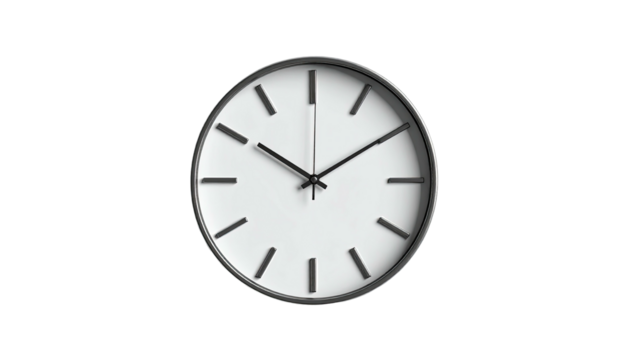 Simple, round analog wall clock with black hands and markers against a white face