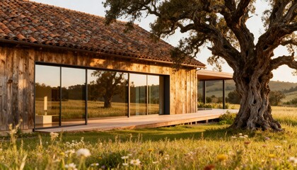 Rustic house exterior with wooden facade and panoramic glass doors at golden hour 
