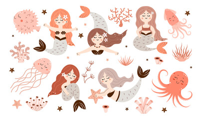 Set of cute mermaids. Sea creatures. Underwater world. Children's vector illustration