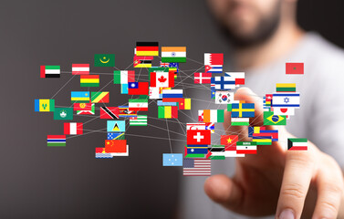 Interactive world map, global business, international connection, flags, network, technology, communication, digital, globalization,