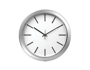 Round wall clock with silver bezel, black hands, and white face; isolated on black