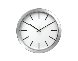 Round wall clock with silver bezel, black hands, and white face; isolated on black