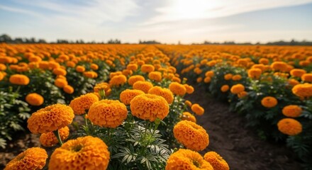 Field of Vibrant Orange Marigolds Blooming Under a Bright Sky.