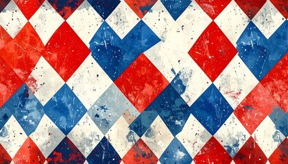 Grunge rhombus pattern in red, blue, & white