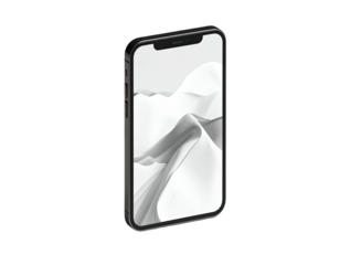 Sleek black smartphone angled right, displaying a white abstract mountain landscape